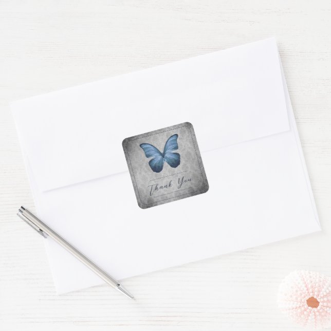 Blue Vintag Butterfly Damask Wedding Danke Quadratischer Aufkleber (Umschlag)