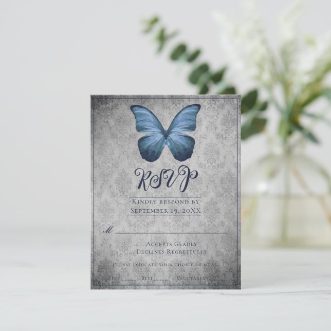 Blue Vintag Butterfly Damask Wedding UAWG RSVP Karte (Stehend Vorderseite)