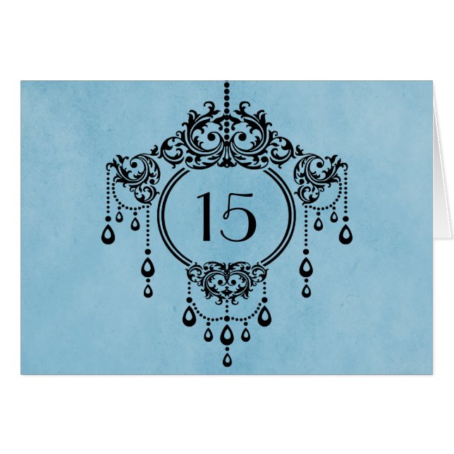 Blue Vintag Chandelier Tischnummer Card (Vorderseite (Horizontal))