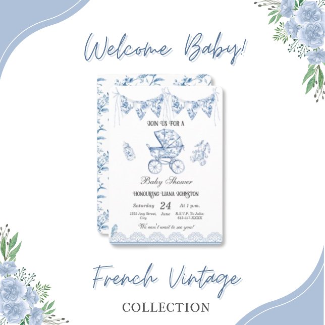 Blue Vintag Chinoiserie-Baby Dusche Einladung (baby-shower-vintage-baby-carriage-invitations)