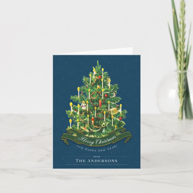 Blue Vintag Classic Custom Christmas Tree Card (Vorderseite)