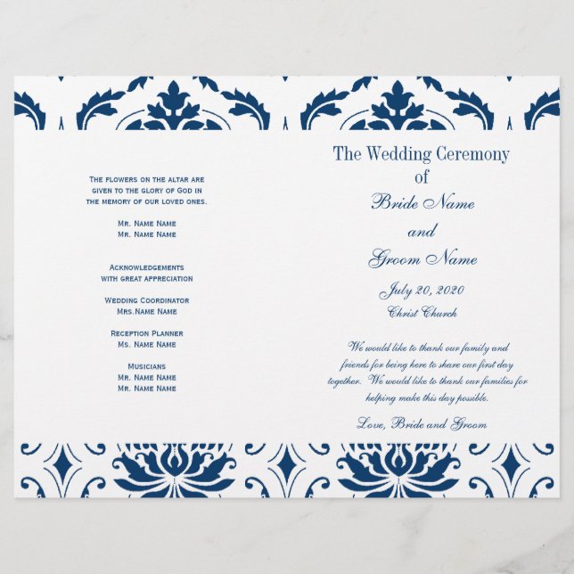 Blue Vintag Damask Hochzeitsprogramm (Vorderseite)