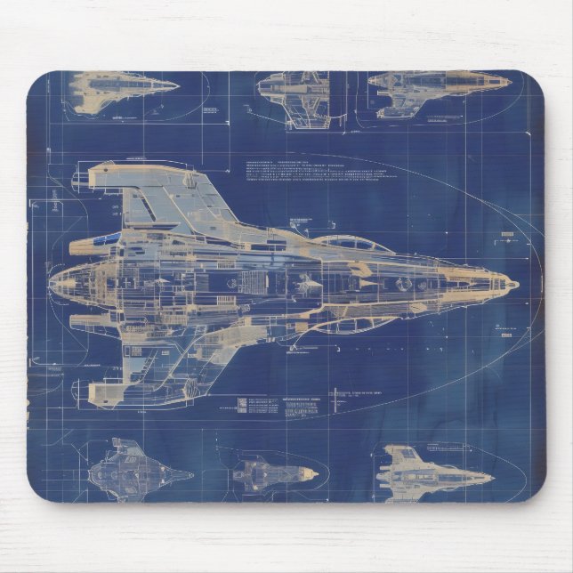 Blue Vintag Diagramm Space Ship Mousepad (Vorne)