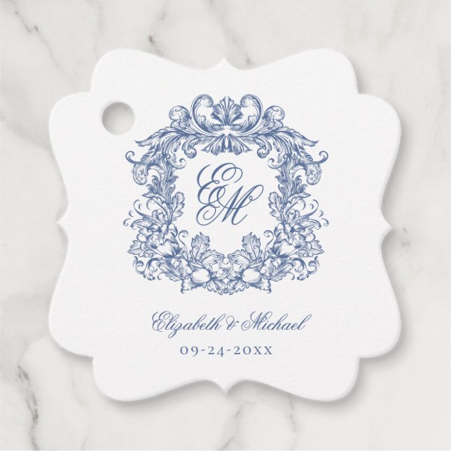 Blue Vintag Elegant Script Monogram Wappen Wedding Geschenkanhänger (Vorderseite)