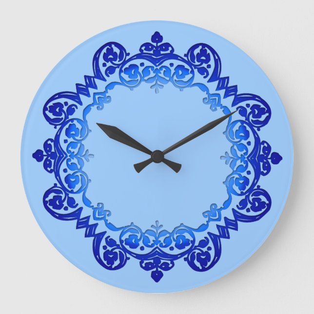 Blue Vintag Floral Medallion Große Wanduhr (Vorderseite)