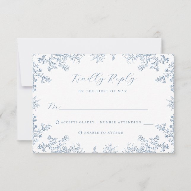 Blue Vintag Floral Wedding RSVP Card Karte (Vorderseite)