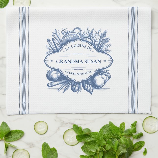 Blue Vintag French Cooking Personalisierter Name Geschirrtuch (Gefaltet)