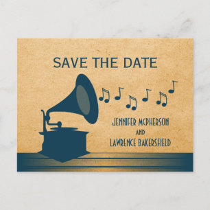 Blue Vintag Gramophon Save the Date Postkarte