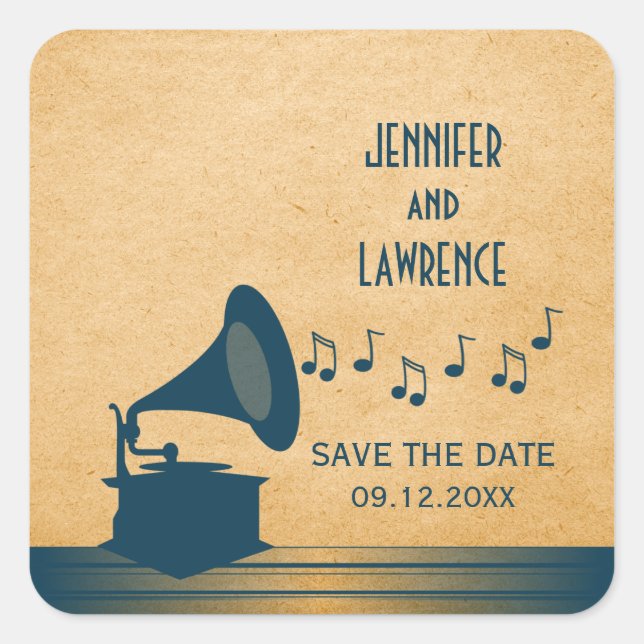 Blue Vintag Gramophon Save the Date Stickers (Vorderseite)