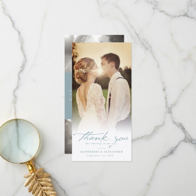 Blue Vintag Handwriting Script 3 Foto Wedding Dankeskarte (Vorderseite/Rückseite Beispiel)