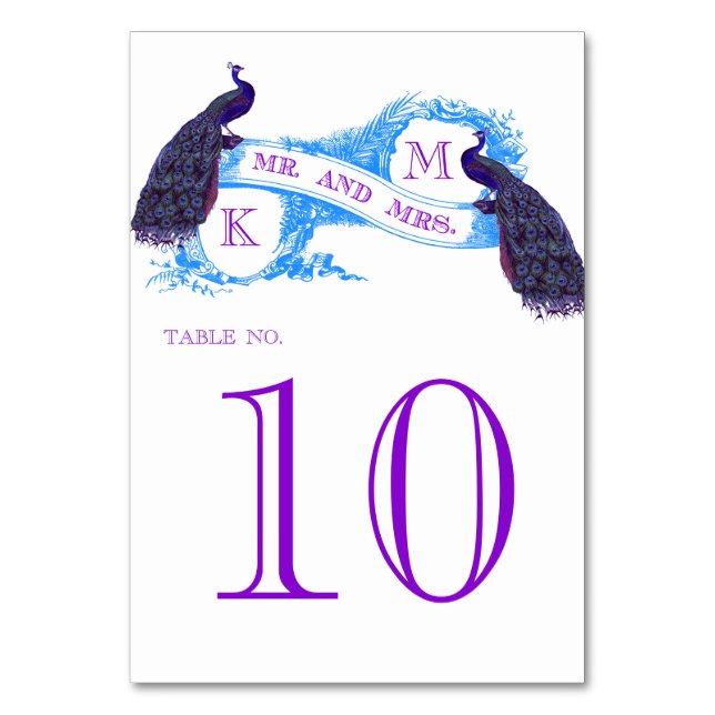 Blue Vintag Peacock Wedding Tischnummer (Vorderseite)