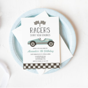 Blue Vintag Race Car Birthday Einladung