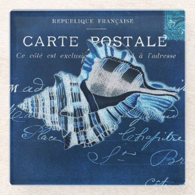 Blue Vintag Seashell French Postcard Collage Glasuntersetzer (Vorderseite)