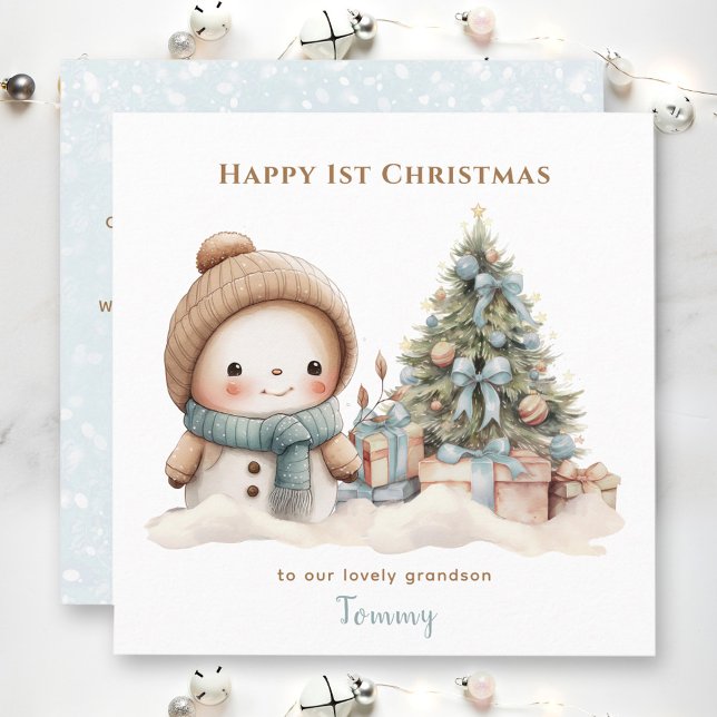 Blue Vintag Snowman Boy Erste Weihnachtskarte Karte (Blue Vintage Snowman Boy First Christmas Card)