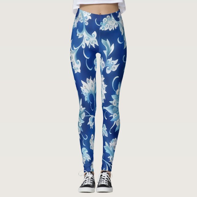 Blue Vintag Style Floral Art Leggings (Vorderseite)