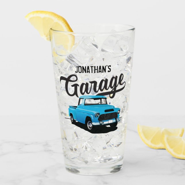 Blue Vintag Truck Name Custom Glass Tumbler (Vorderseite Ice)