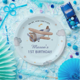Blue Vintage Airplane Sky 1st Birthday Celebration Pappteller