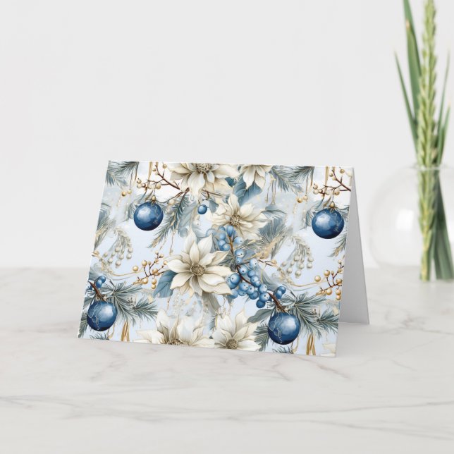 Blue Vintage Christmas Florals Feiertagskarte (Vorderseite)