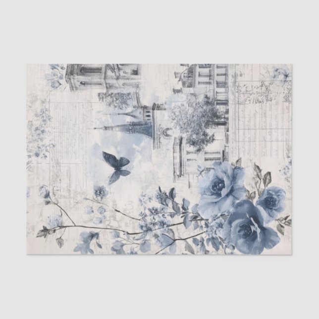 Blue Vintage Collage with Roses and Architecture Seidenpapier (Vorderseite)