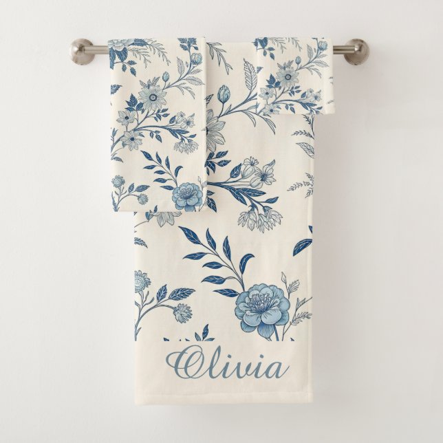 Blue Vintage Floral Pattern Badhandtuch Set (Insitu)