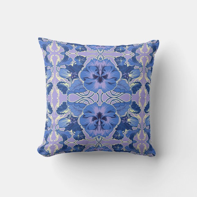 Blue Violet Art Nouveau Pansy Pillow Kissen (Vorderseite)