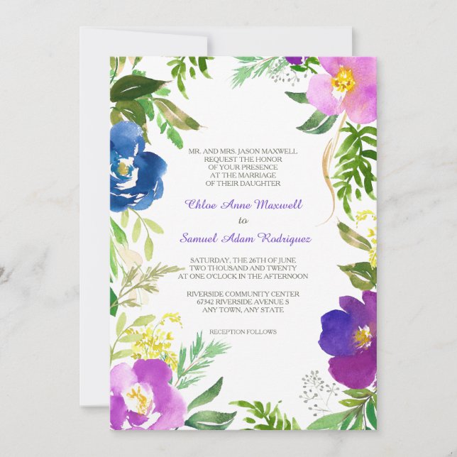 Blue Violet Garden Formal Wedding Einladung (Vorderseite)