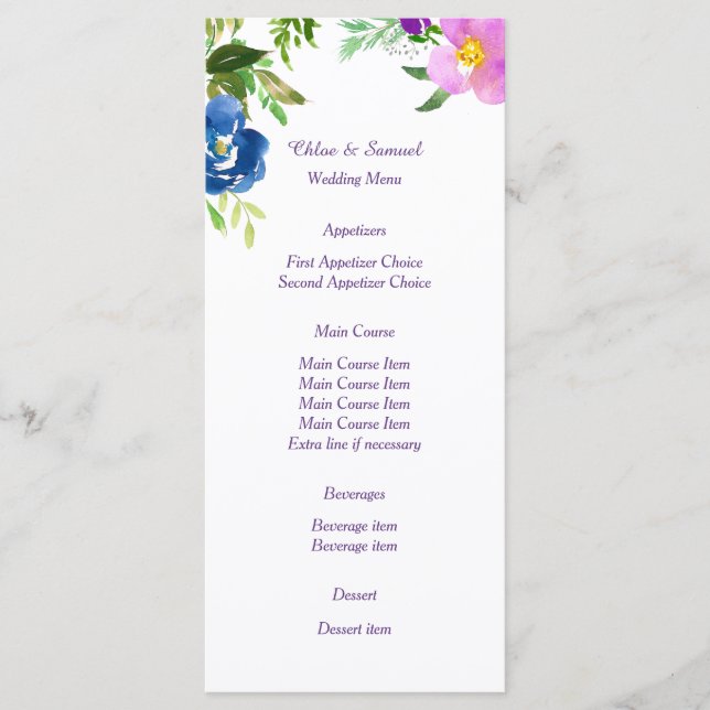 Blue Violet Garden Wedding Menu Menükarte (Vorderseite)