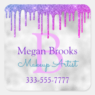 Blue Violet Glitzer Tropfen, Name Monogram Quadratischer Aufkleber