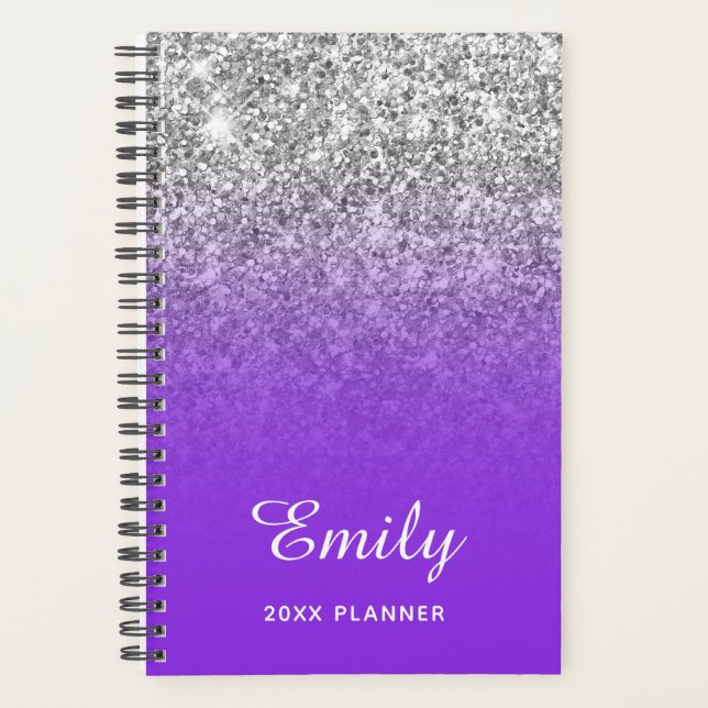 Blue Violet Silver Glitzer Ombre Personalisiert Planer (Vorderseite)