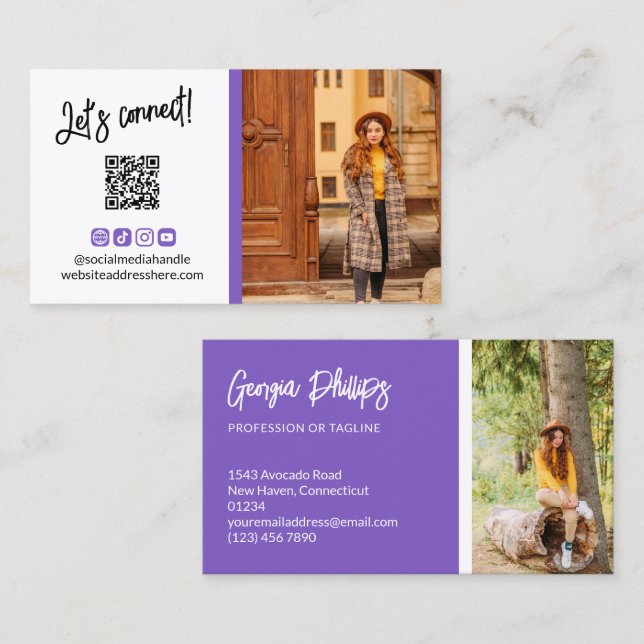 Blue Violet Social Media Icons QR Code Foto Visitenkarte (Vorne/Hinten)