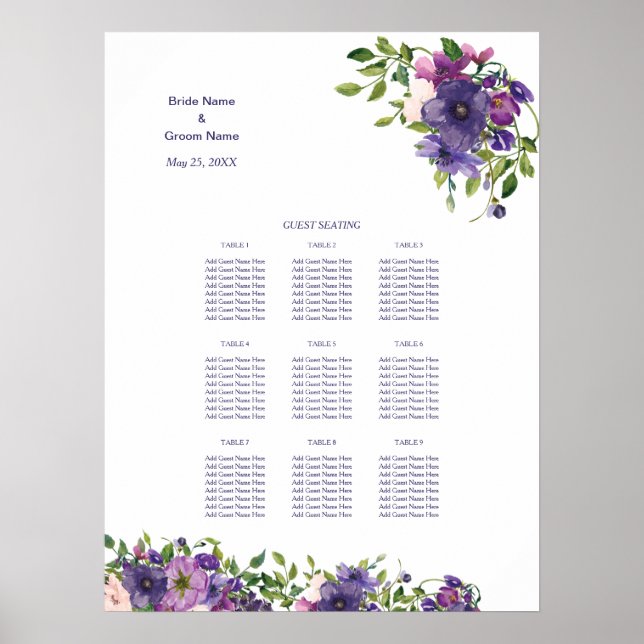 Blue Violet Wild Rose Hochzeitsdinner Poster (Vorne)