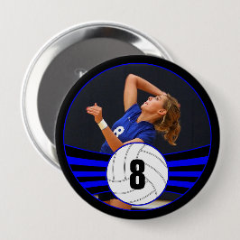 Blue Volleyball Player Custom Foto & Number Sport Button