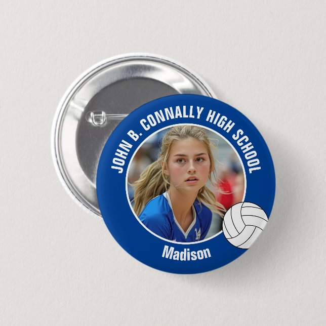 Blue Volleyball Player Photo High School Spirit Button (Vorne & Hinten)