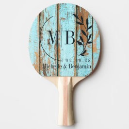Blue Wash Wood Leaf Wedding Monogram Tischtennis Schläger