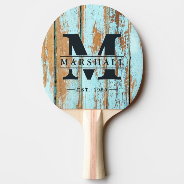 Blue Wash Wood Monogram & Name Overlay Tischtennis Schläger (Rückseite)