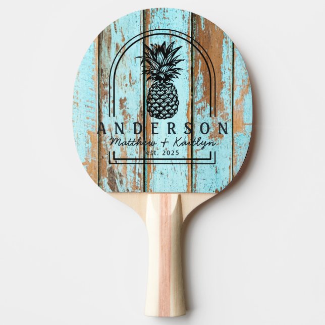 Blue Wash Wood Pineapple Wedding Arch & Name Tischtennis Schläger (Vorderseite)