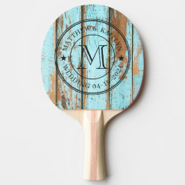 Blue Wash Wood Wedding Monogram Star Tischtennis Schläger