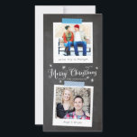 Blue Washi Tape and Chalkboard Foto Frames Feiertagskarte<br><div class="desc">Diese schlanke Urlaubskarte ist eine preisgünstige Wahl und präsentiert zwei Ihrer Lieblingssendungen in Vintagen Sofortfotos mit bearbeitbaren Bildunterschriften. Das Design sieht so aus,  als wären sie auf eine Tafel mit gemusterten Streifen von Papierwaschbändern geklebt,  um der Karte ein lässiges,  hausgemachtes,  handliches Ambiente zu verleihen.</div>
