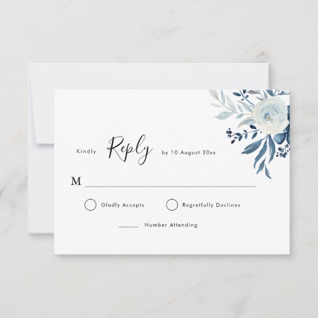 Blue Water color floral RSVP Karte (Vorderseite)