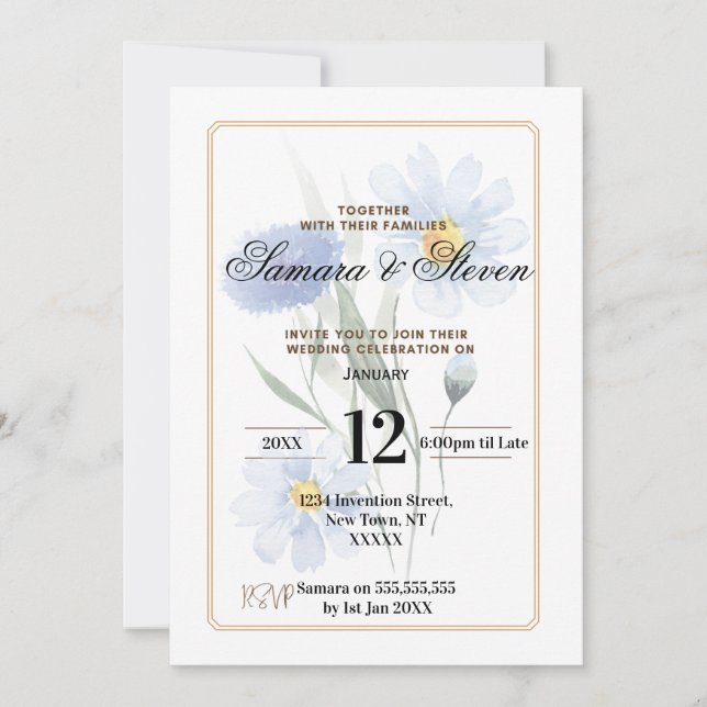 Blue Water Color Flower Wedding Celebration Invite Einladung (Vorderseite)