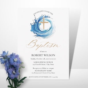 Blue Water Gold Cross Boy Christening Taufe Einladung