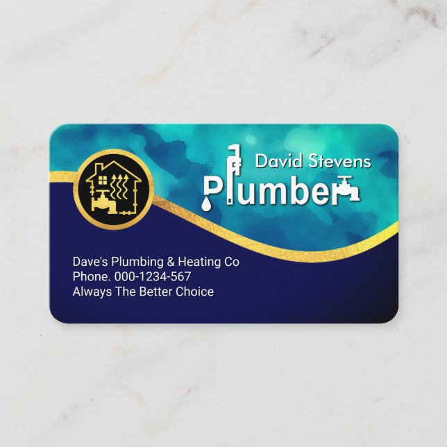 Blue Water Gold Wave Plumber Service Visitenkarte (Vorderseite)