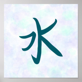 Blue Water Kanji Japanese Calligraphy Poster