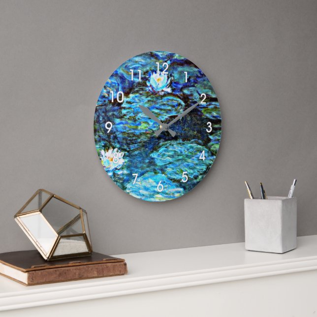 Blue Water Lilies by Monet Große Wanduhr (Büro)