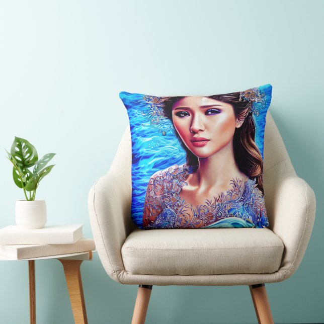 Blue Water Wave Fantasy Goddess Abstrakte Kunst Kissen (Stuhl )