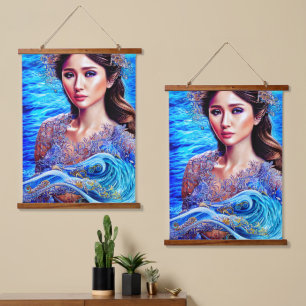 Blue Water Wave Fantasy Goddess Abstrakte Kunst Wandteppich Mit Holzrahmen