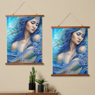 Blue Water Wave Goddess Fantasy Art Wandteppich Mit Holzrahmen