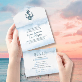 Blue Watercolor Anchor Nautical Wedding All In One Einladung