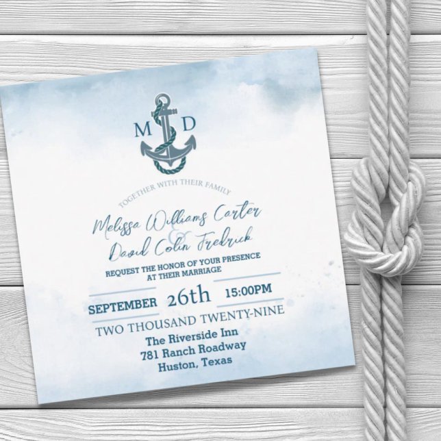 Blue Watercolor Anchor Nautical Wedding Einladung (Beach Blue Watercolor Anchor Nautical Wedding Invitation)