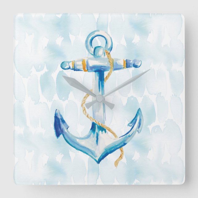 Blue Watercolor Anchor Quadratische Wanduhr (Vorderseite)
